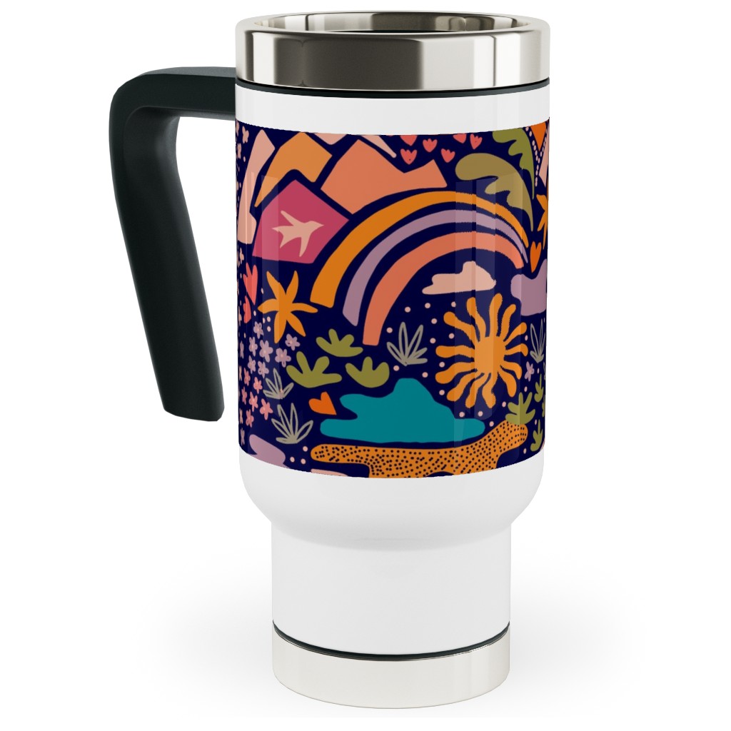 Ditsy Outdoor Adventure - Dark Blue Travel Mug with Handle, 17oz, Multicolor