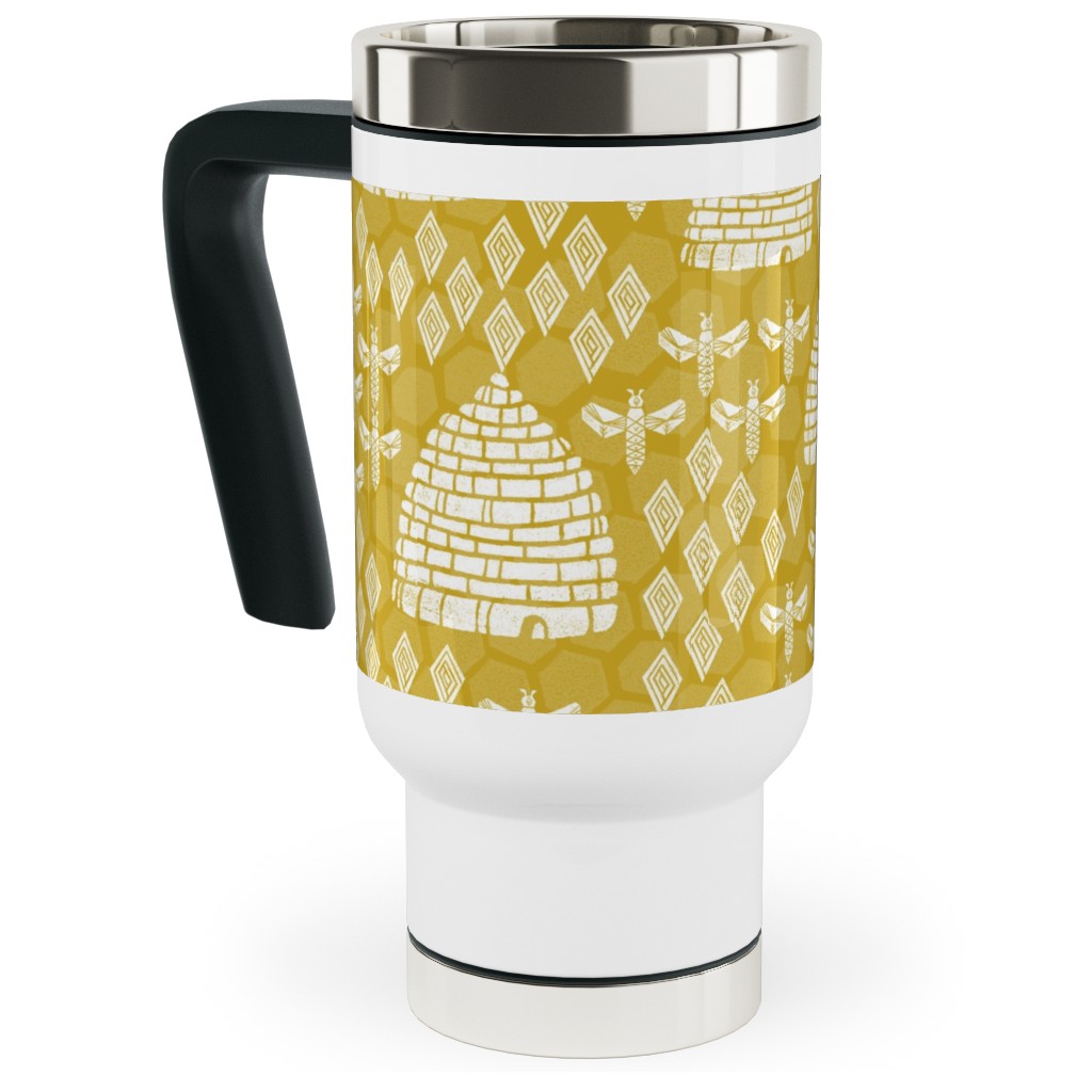 Bee Hives, Spring Florals Linocut Block Printed - Golden Yellow Travel Mug with Handle, 17oz, Yellow