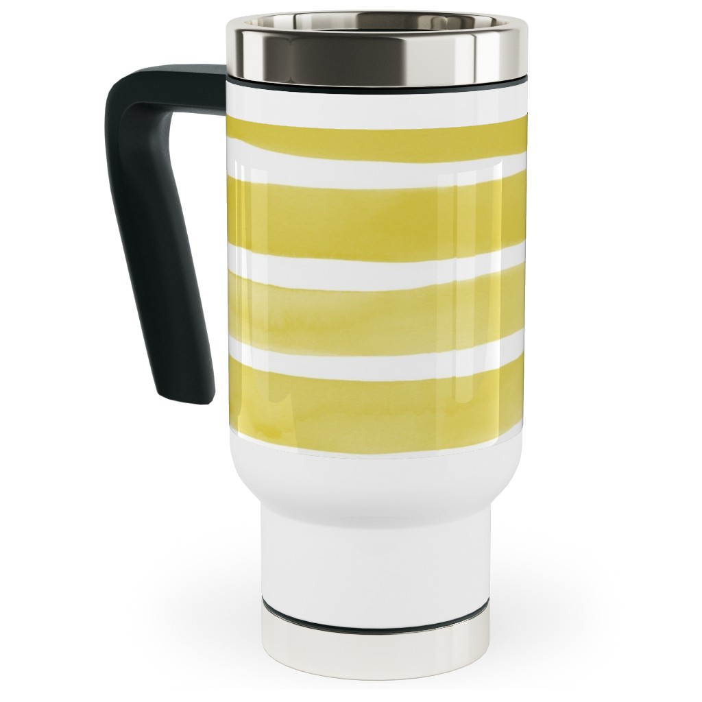 Imperfect Watercolor Stripes Travel Mug with Handle, 17oz, Yellow