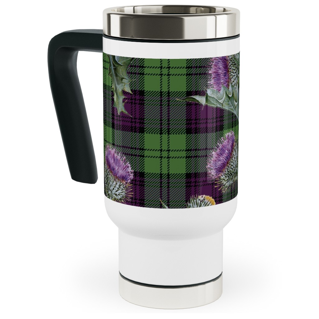 Feochadan Tartan - Green and Purple Travel Mug with Handle, 17oz, Green