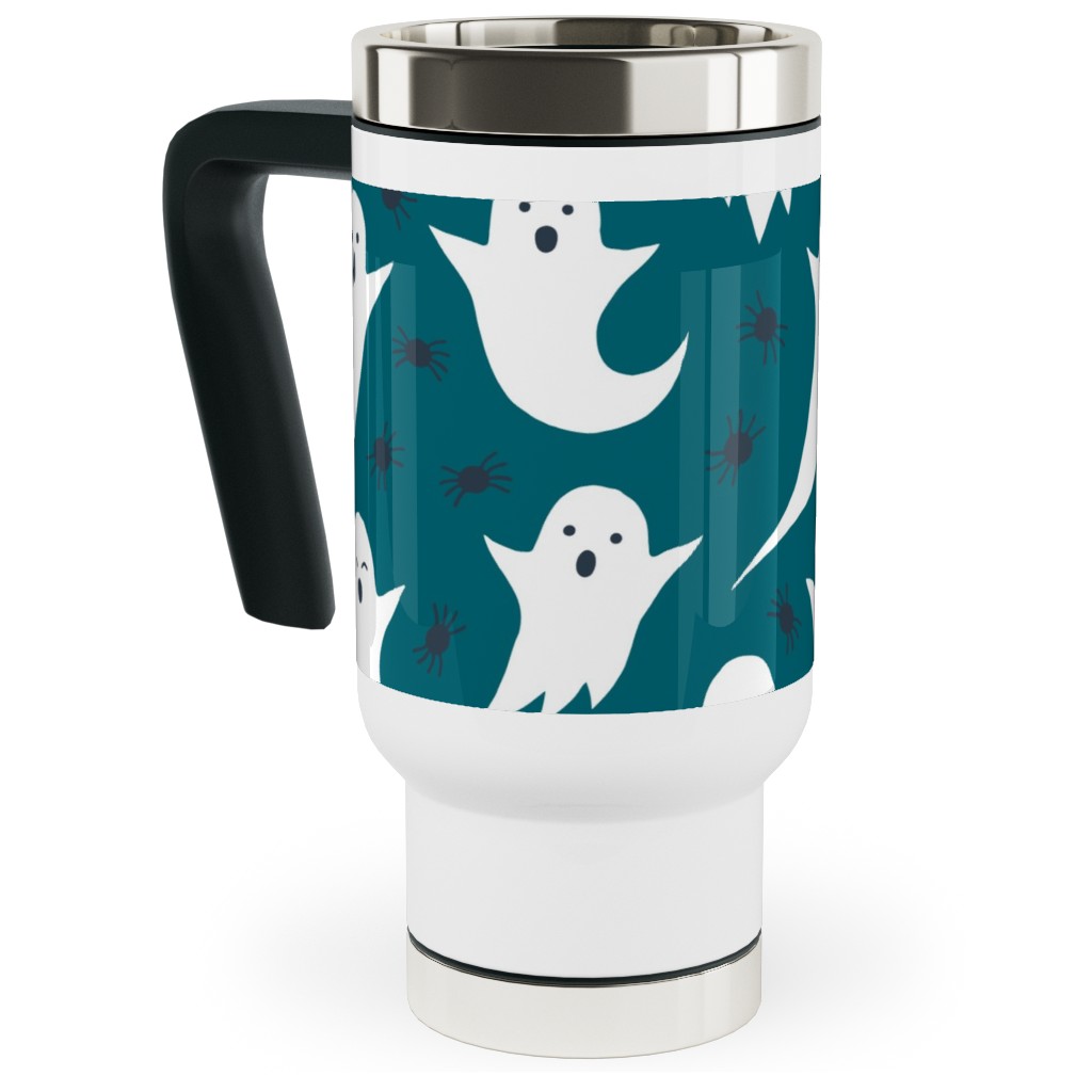 Halloween Ghosts - Dark Teal Travel Mug with Handle, 17oz, Green