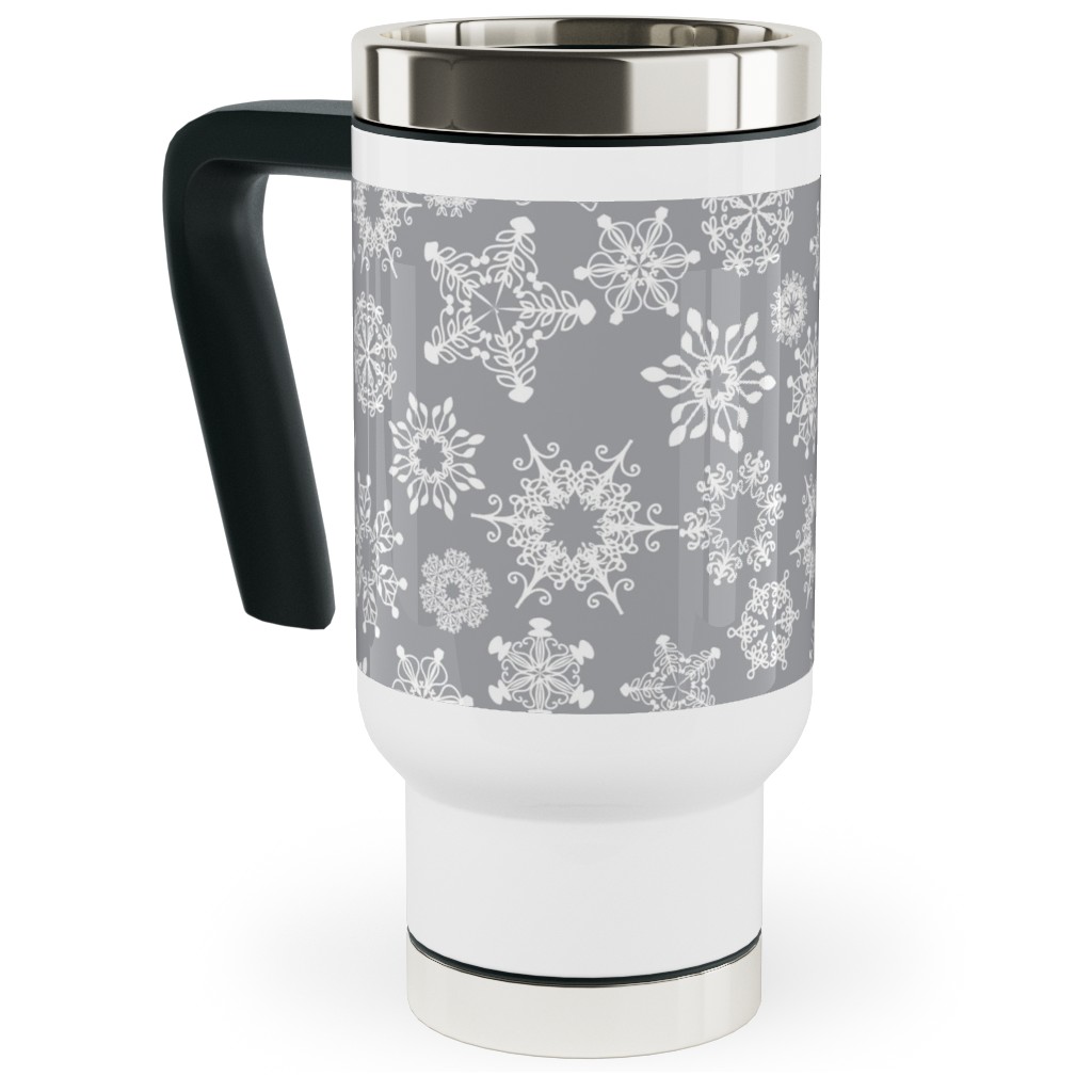 Snowflake Silver Travel Mug with Handle, 17oz, Gray