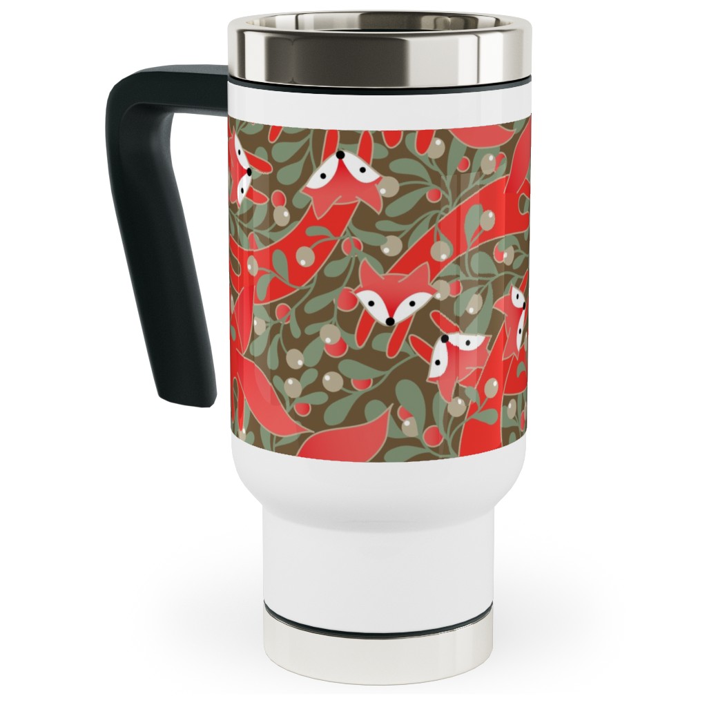 Red Fox Mistletoe Travel Mug with Handle, 17oz, Red