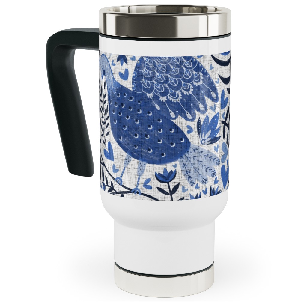 Scandinavian Birds - Indigo Blue Travel Mug with Handle, 17oz, Blue, True Blue