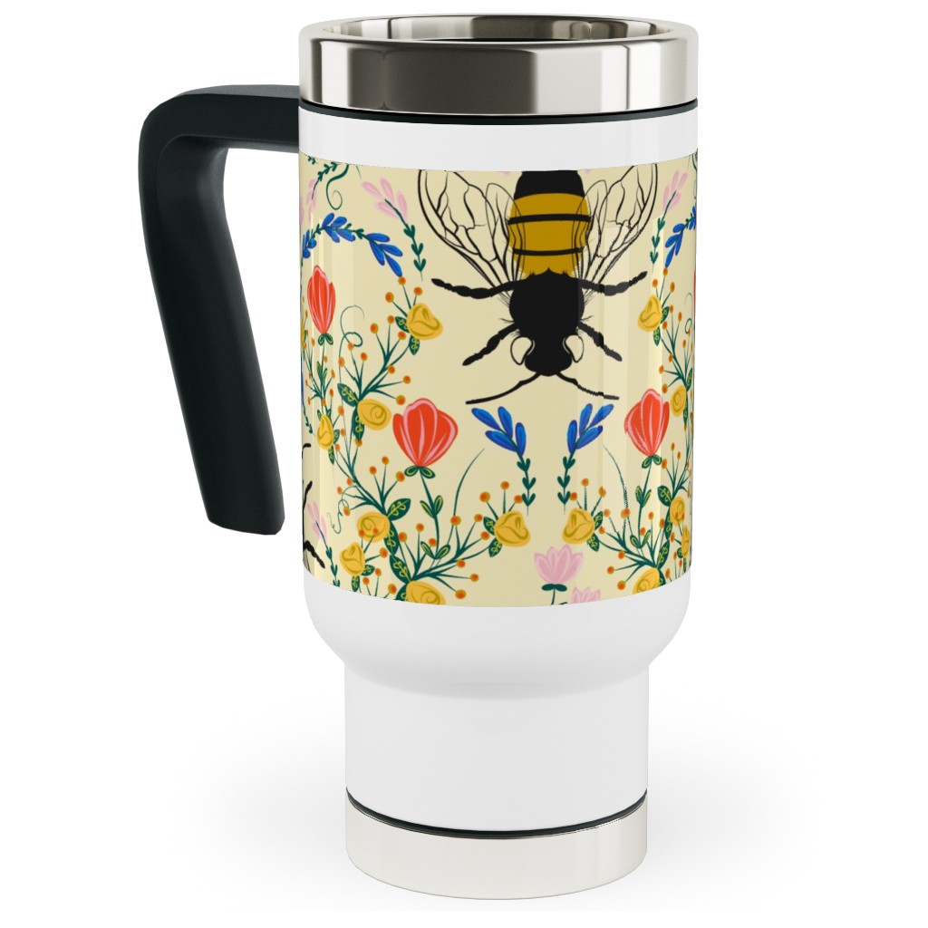 Bee Garden - Multi on Cream Travel Mug with Handle, 17oz, Yellow, Classic Yellow