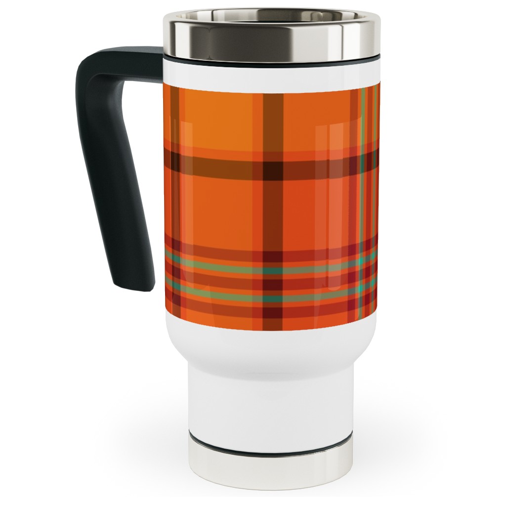 Orange With Black Plaid Travel Mug with Handle, 17oz, Orange