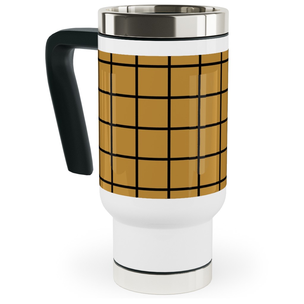 Square Grid Travel Mug with Handle, 17oz, Brown, Golden