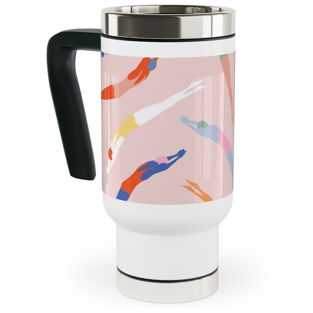 Art Deco Divers - Pink Travel Mug with Handle, 17oz, Pink