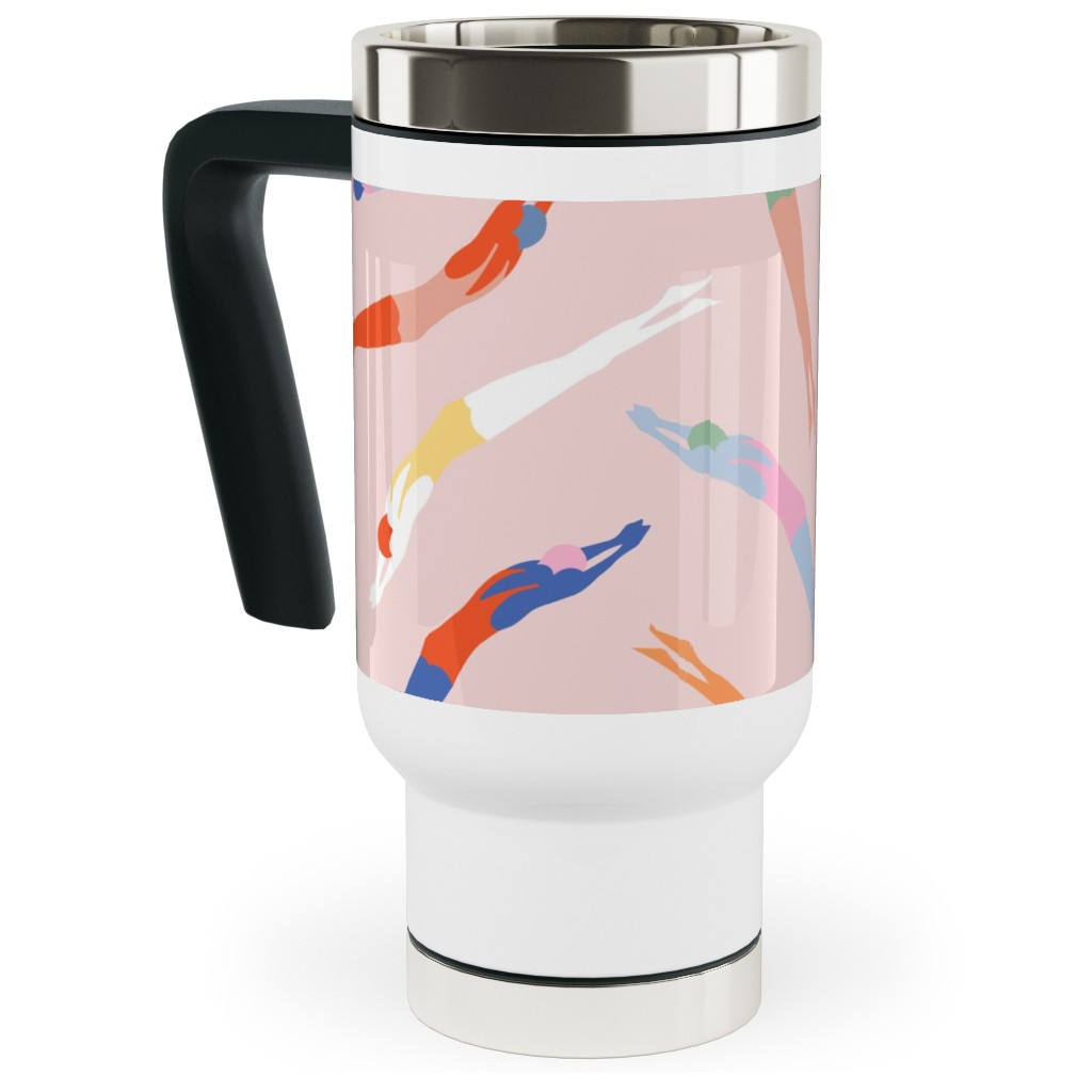 Art Deco Divers - Pink Travel Mug with Handle, 17oz, Pink, Bright Pink