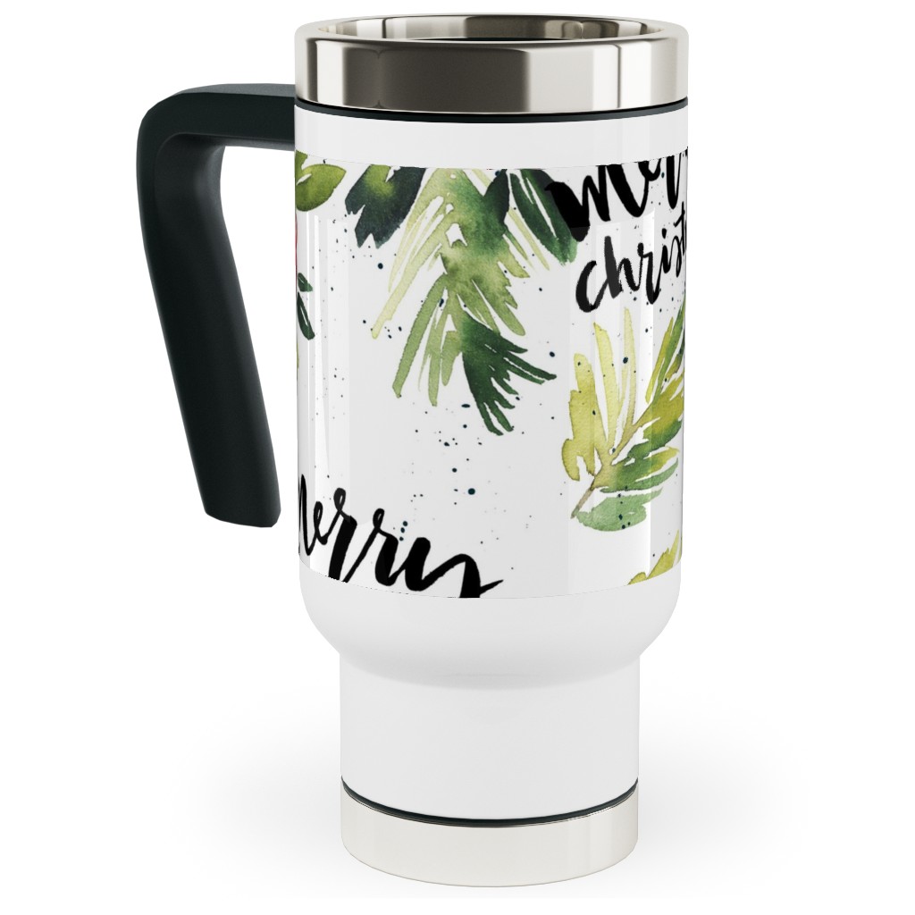 Merry Christmas Red Berry Holly Travel Mug with Handle, 17oz, White, White