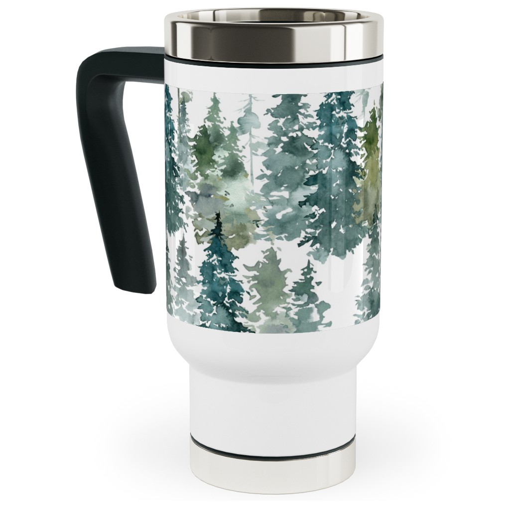 Woodland Trees Watercolor - White Travel Mug with Handle, 17oz, Green, Classic Green