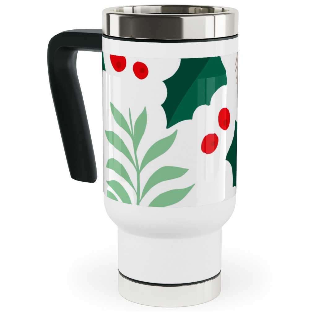 Botanical Christmas Garden Pine Leaves Holly Branch Berries - Green and Red Travel Mug with Handle, 17oz, Green