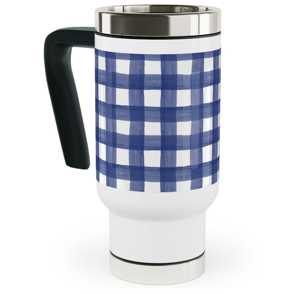 Watercolor Gingham - Navy Blue Travel Mug with Handle, 17oz, Blue, True Blue