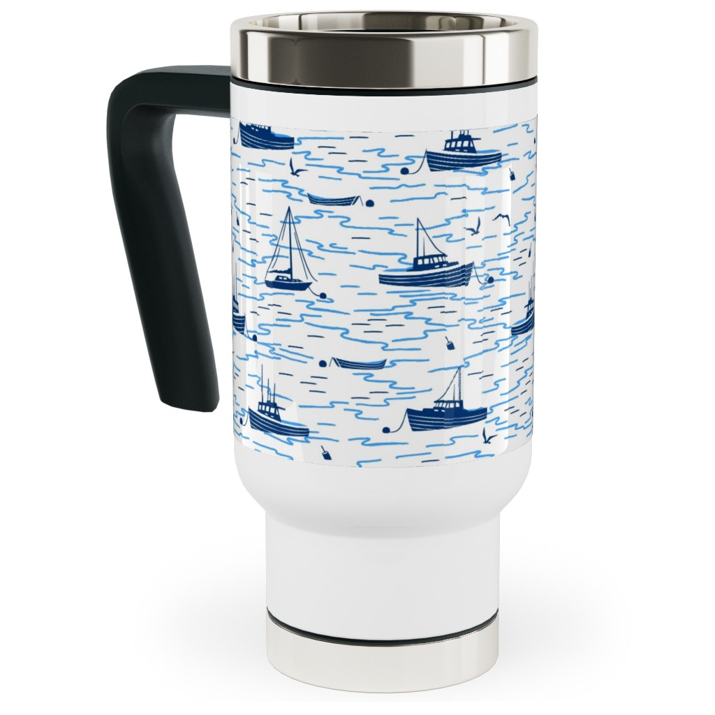 Harbor Boats - White Travel Mug with Handle, 17oz, Blue