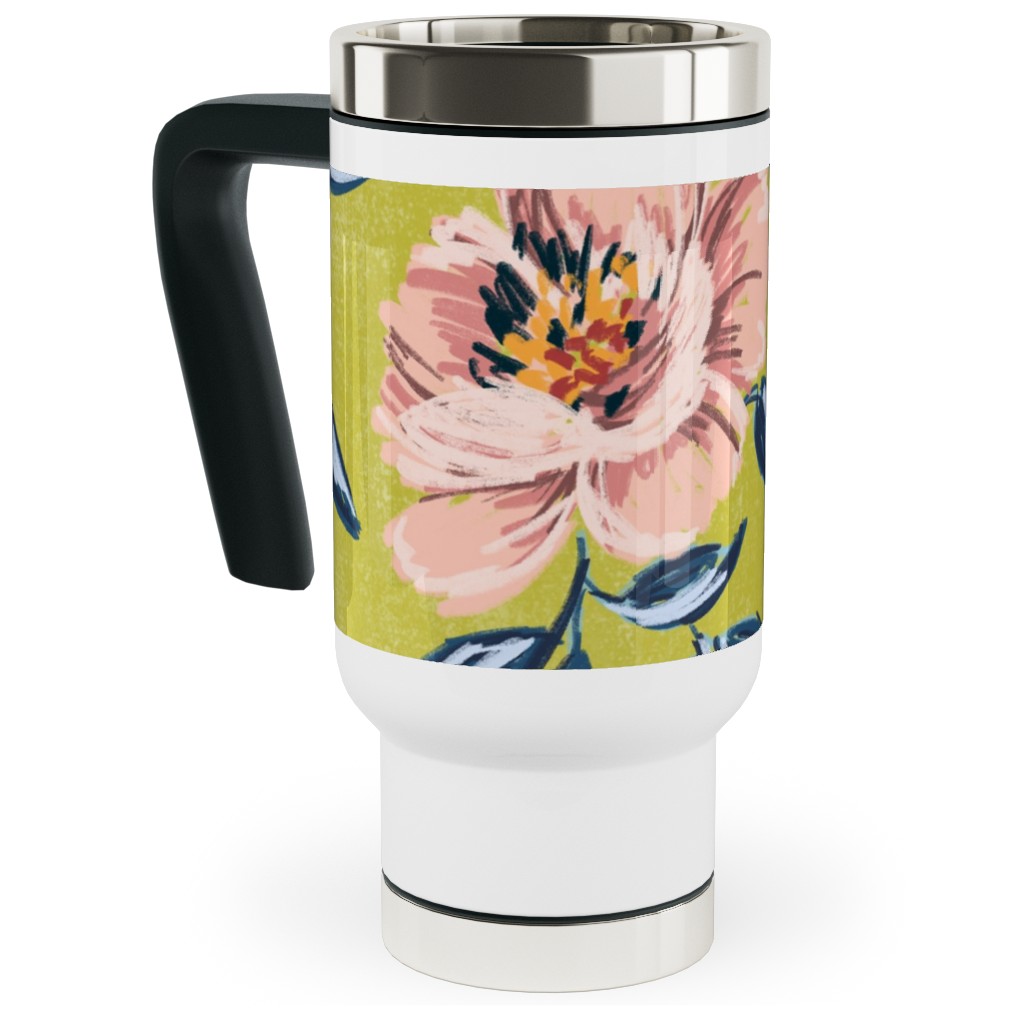 Pink Peonies Travel Mug with Handle, 17oz, Green