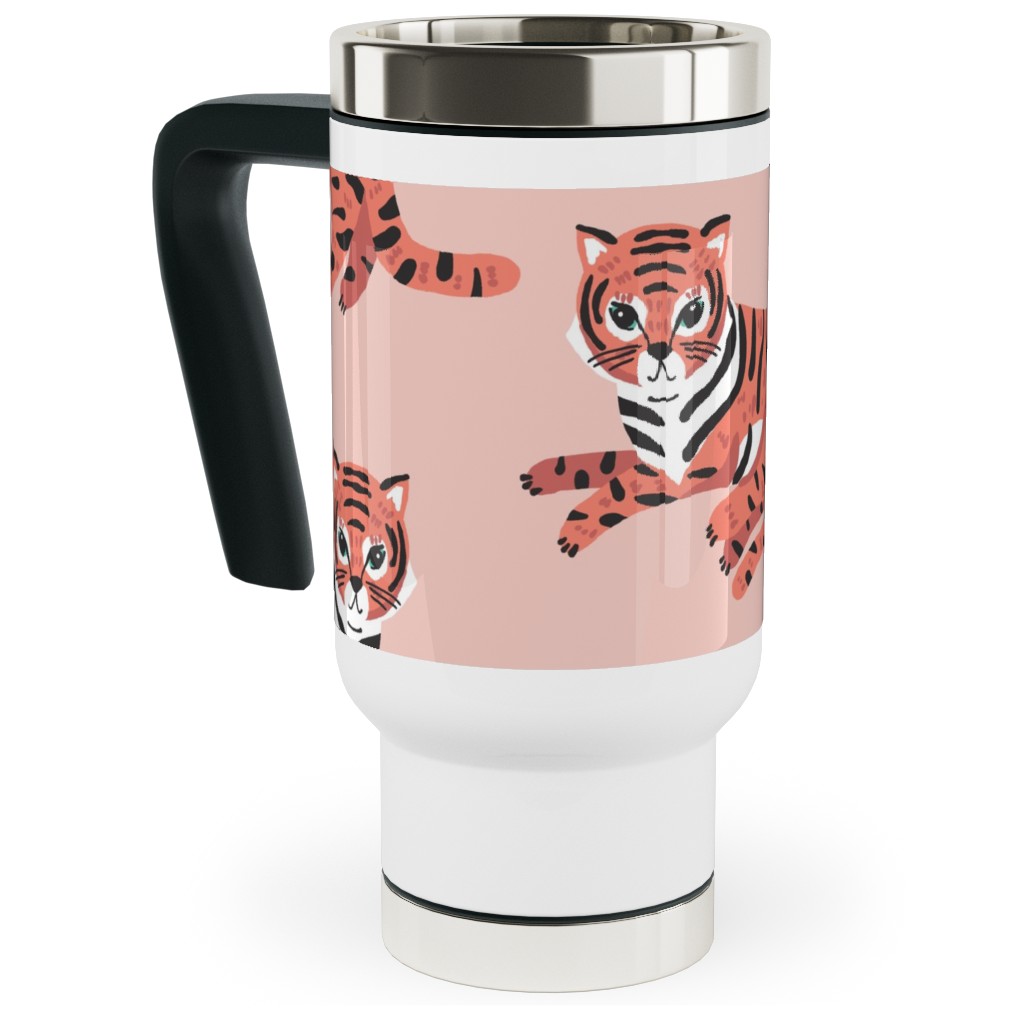 Jungle Tigers - Blush and Coral Travel Mug with Handle, 17oz, Pink, Bright Pink