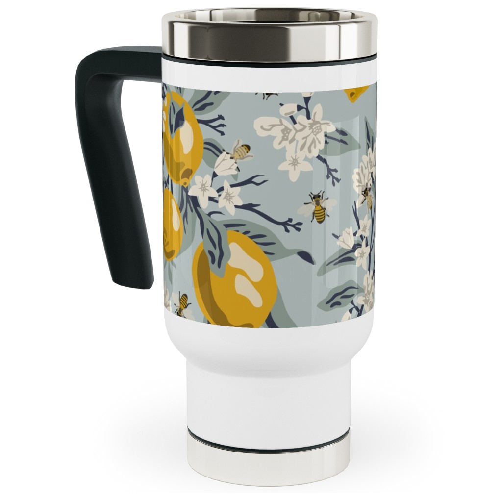 Bees, Blossoms & Lemons - Blue Travel Mug with Handle, 17oz, Blue, True Blue