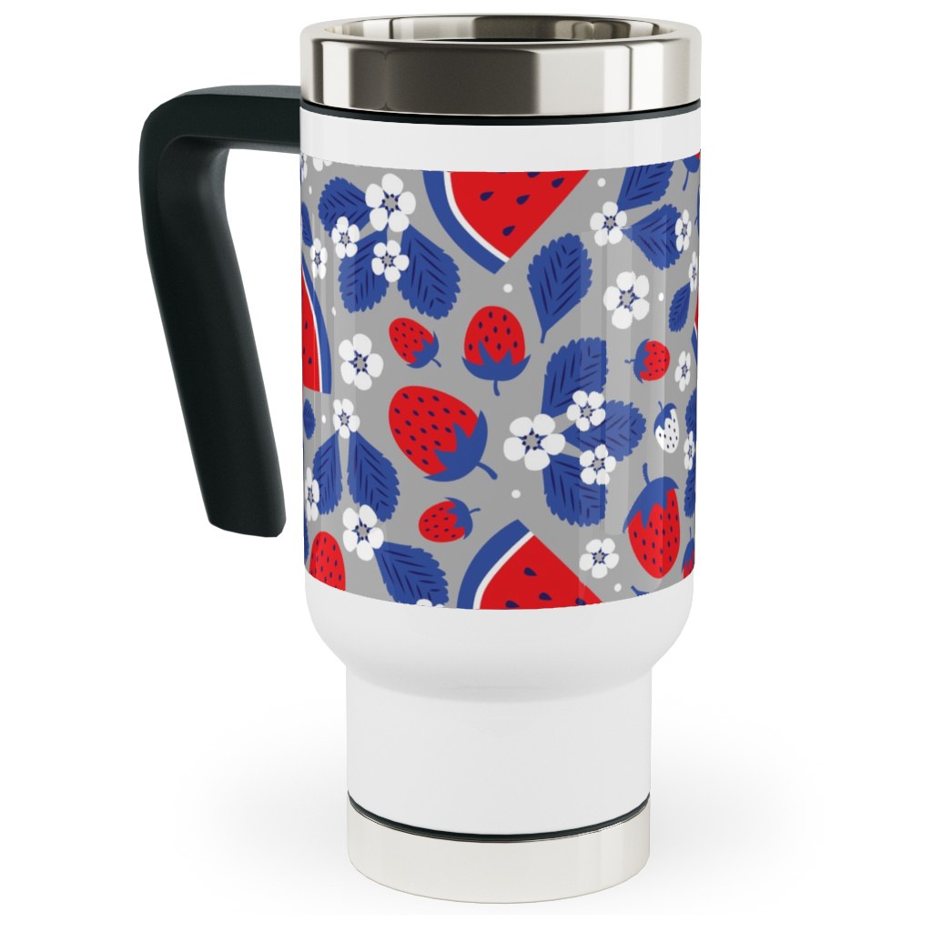 Summer Strawberries and Melons - Red, White and Blue Travel Mug with Handle, 17oz, Multicolor