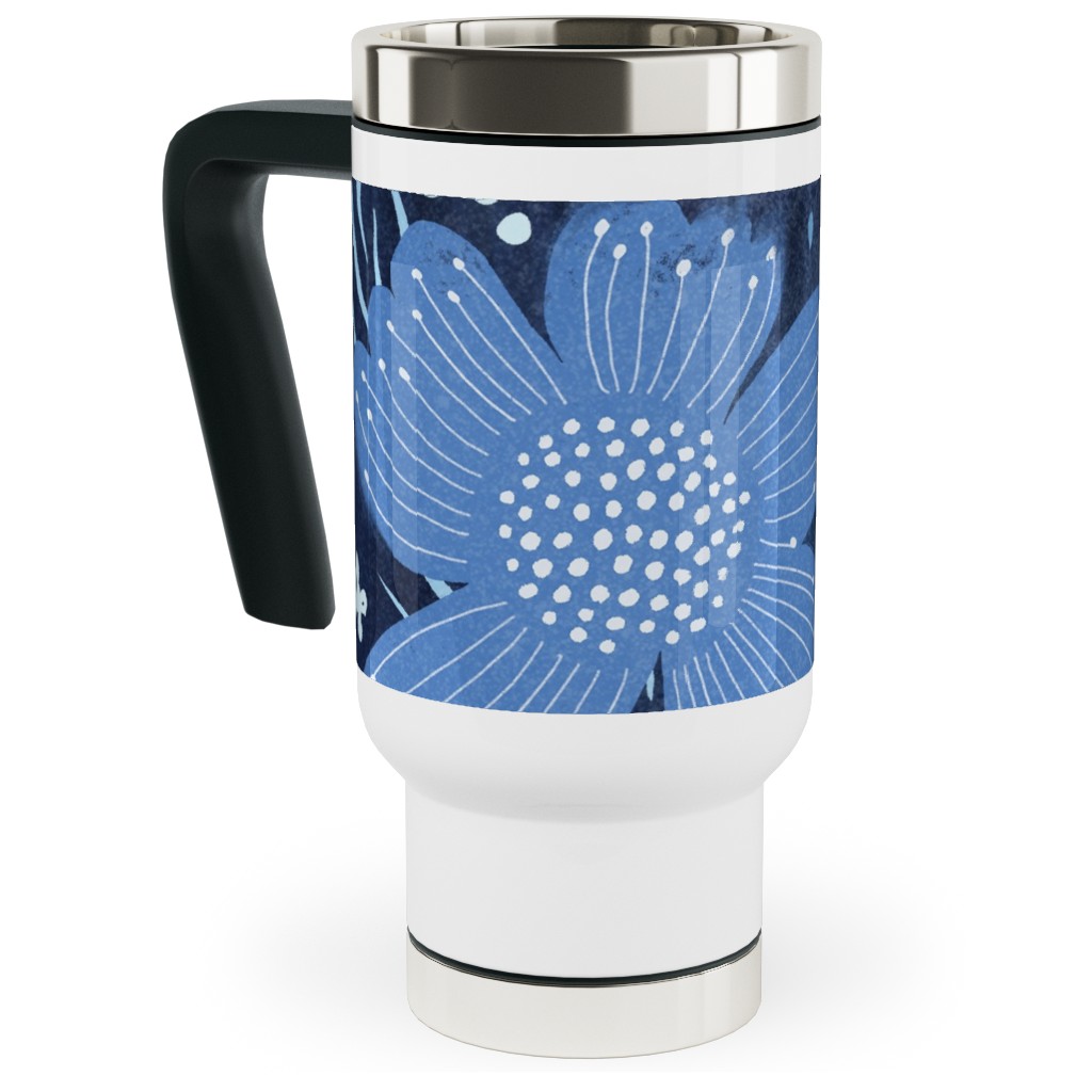 Shibori Flower Abundance - Blue Travel Mug with Handle, 17oz, Blue, True Blue