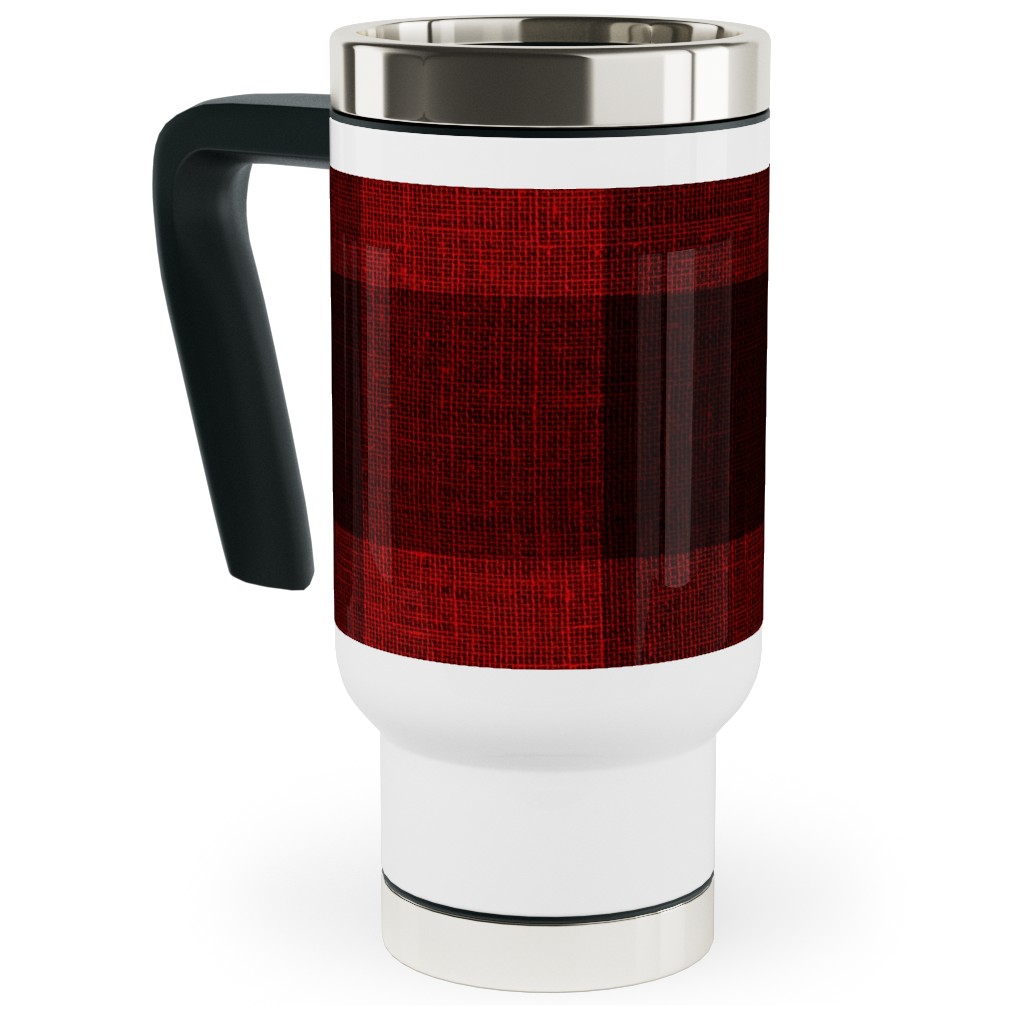 Linen Look Gingham Lumberjack - Red, Black Travel Mug with Handle, 17oz, Red