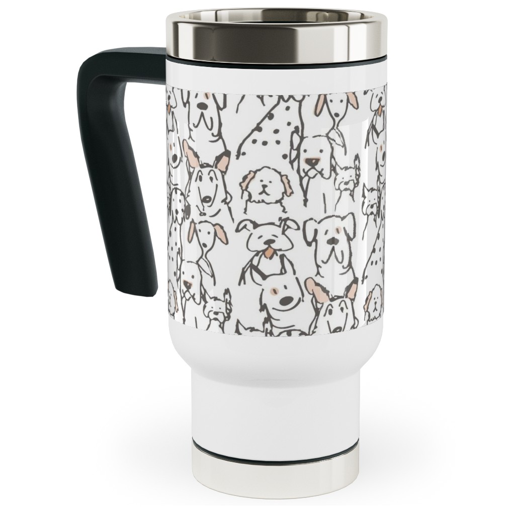 Peach Pop Doodle Dogs - Black and White Travel Mug with Handle, 17oz, White
