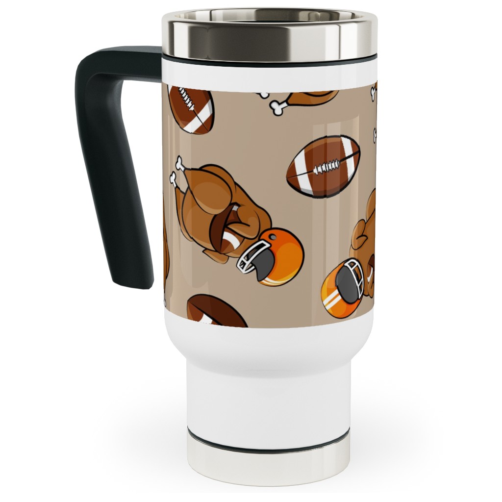 Football Turkey With Helmet and Football - Orange on Tan Travel Mug with Handle, 17oz, Beige