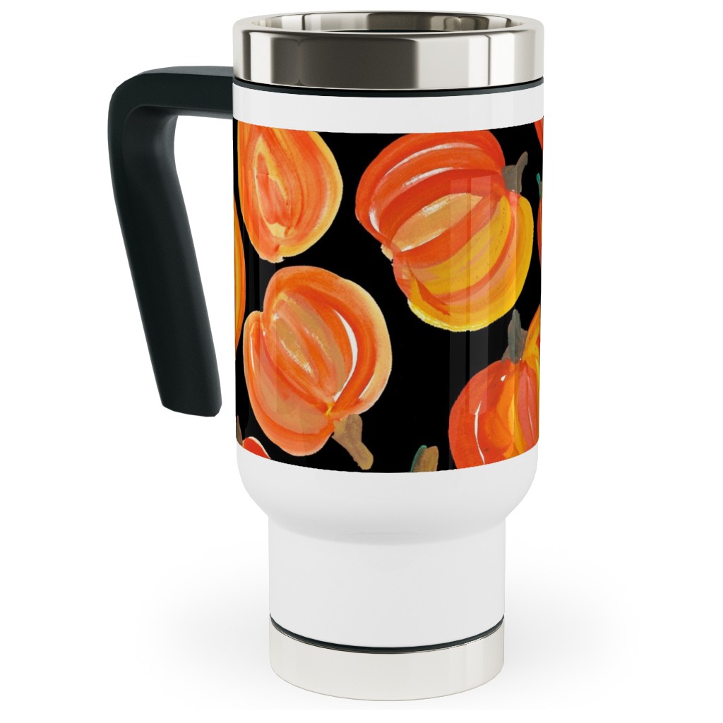 Watercolor Pumpkins - Black Travel Mug with Handle, 17oz, Orange