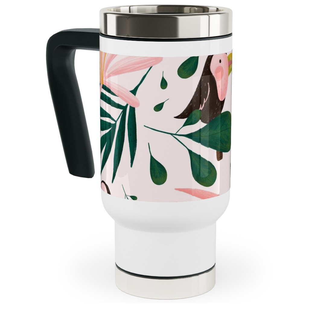 Jungle Pattern - Pink Travel Mug with Handle, 17oz, Pink, Bright Pink
