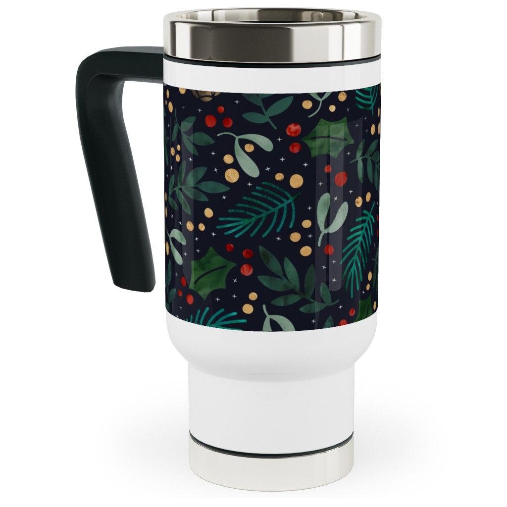 Christmas Florals - Dark Green Travel Mug with Handle, 17oz, Green