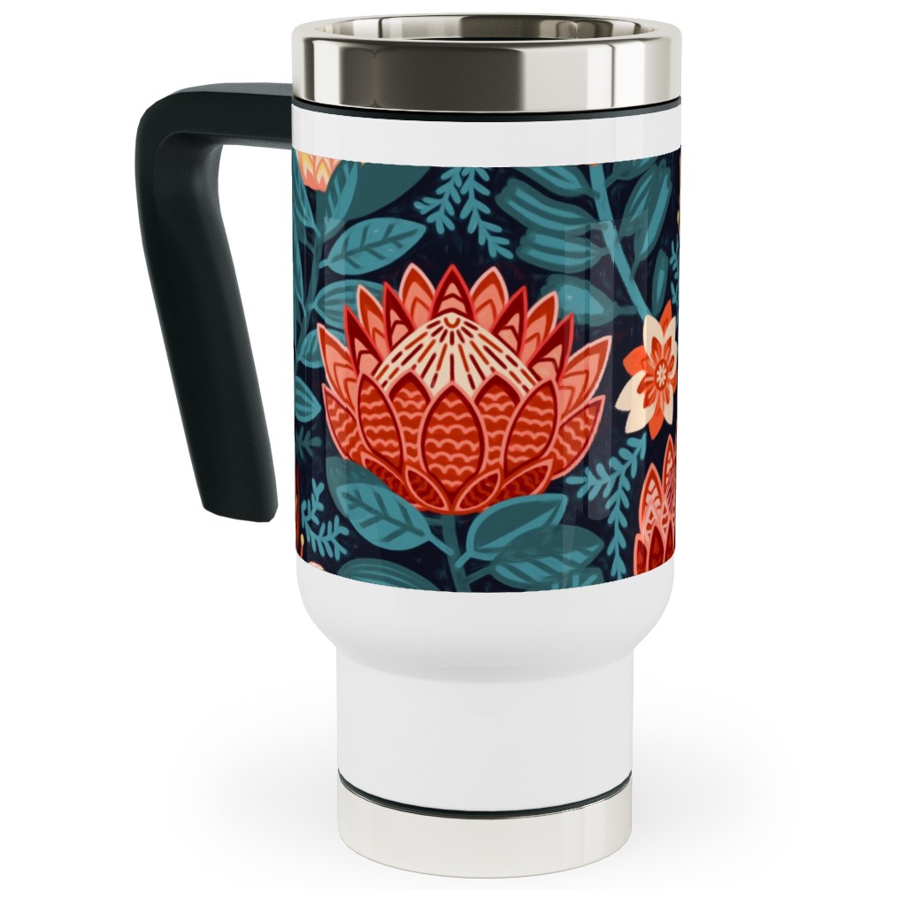 Protea Chintz - Navy Travel Mug with Handle, 17oz, Multicolor