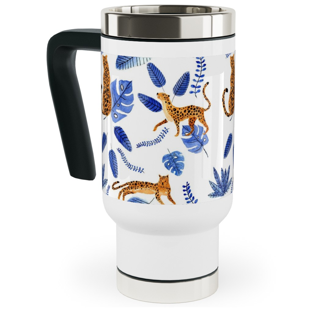 Leopard Tropical Exotic - Blue Travel Mug with Handle, 17oz, Multicolor