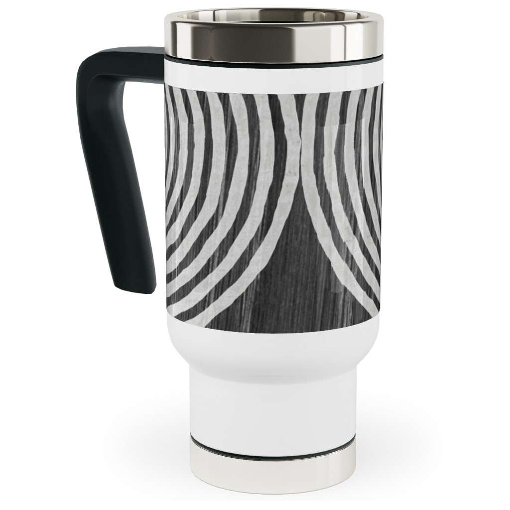 Boho Tribal Woodcut Geometric Shapes Travel Mug with Handle, 17oz, Black