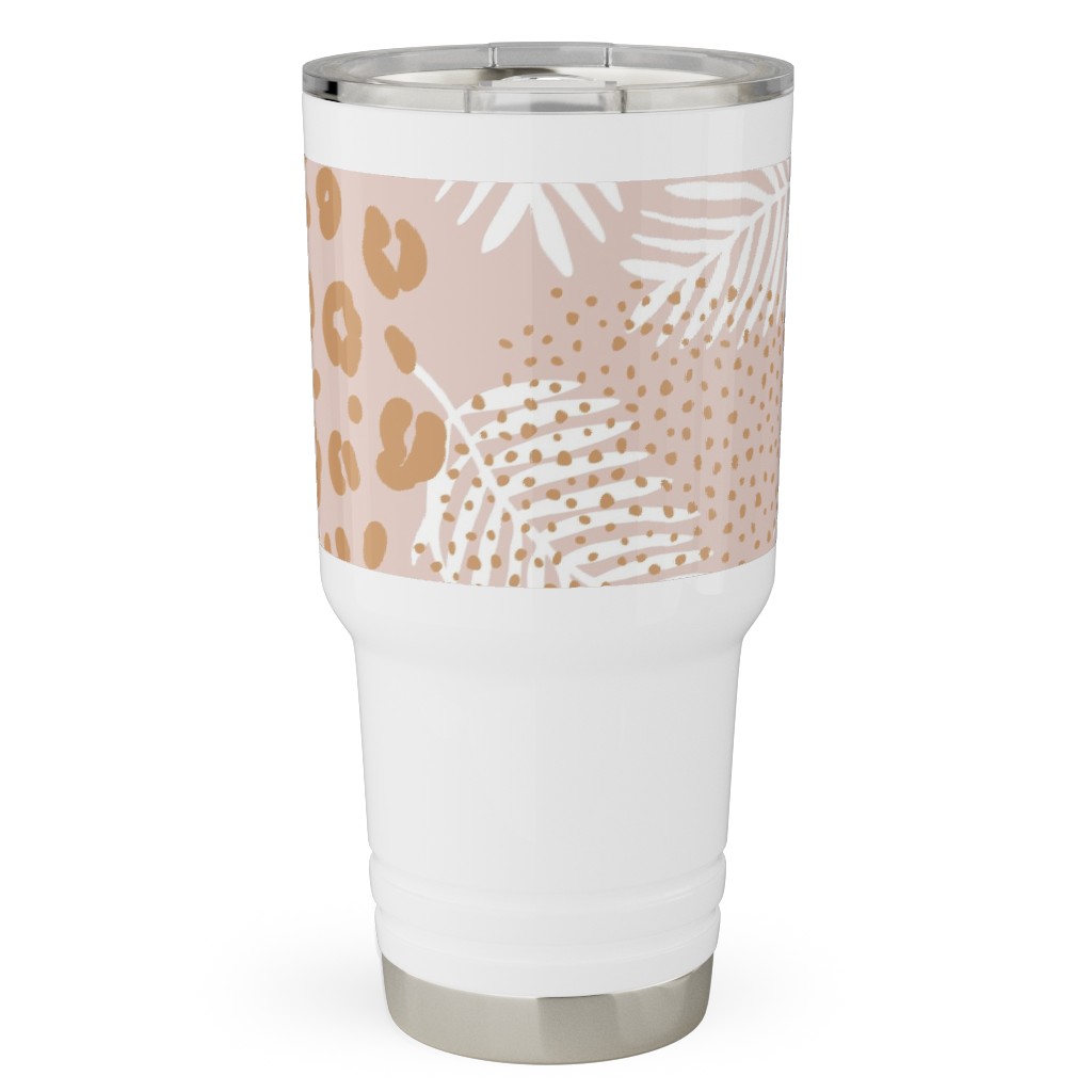 Palm Leaves and Animal Panther Spots - Beige Travel Tumbler, 30oz, Pink, Bright Pink