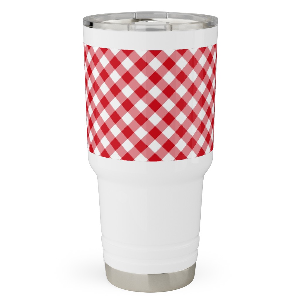 Diagonal Gingham - Red and White Travel Tumbler, 30oz, Red