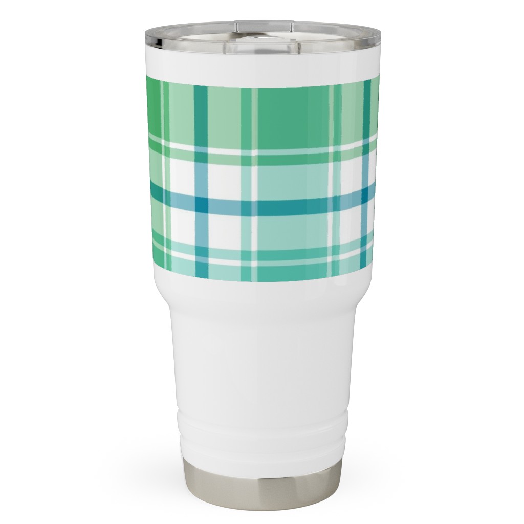 Blue, Green, Turquoise, and White Plaid Travel Tumbler, 30oz, Green, Classic Green