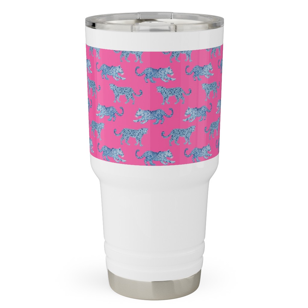 Tiny Leopard Parade - Blue on Hot Pink Travel Tumbler, 30oz, Pink, Bright Pink