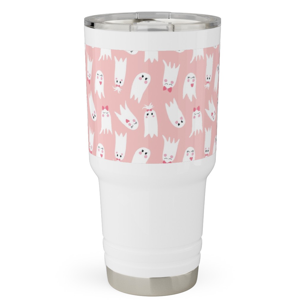 Sweet White Ghosts on Pink Travel Tumbler, 30oz, Pink, Bright Pink
