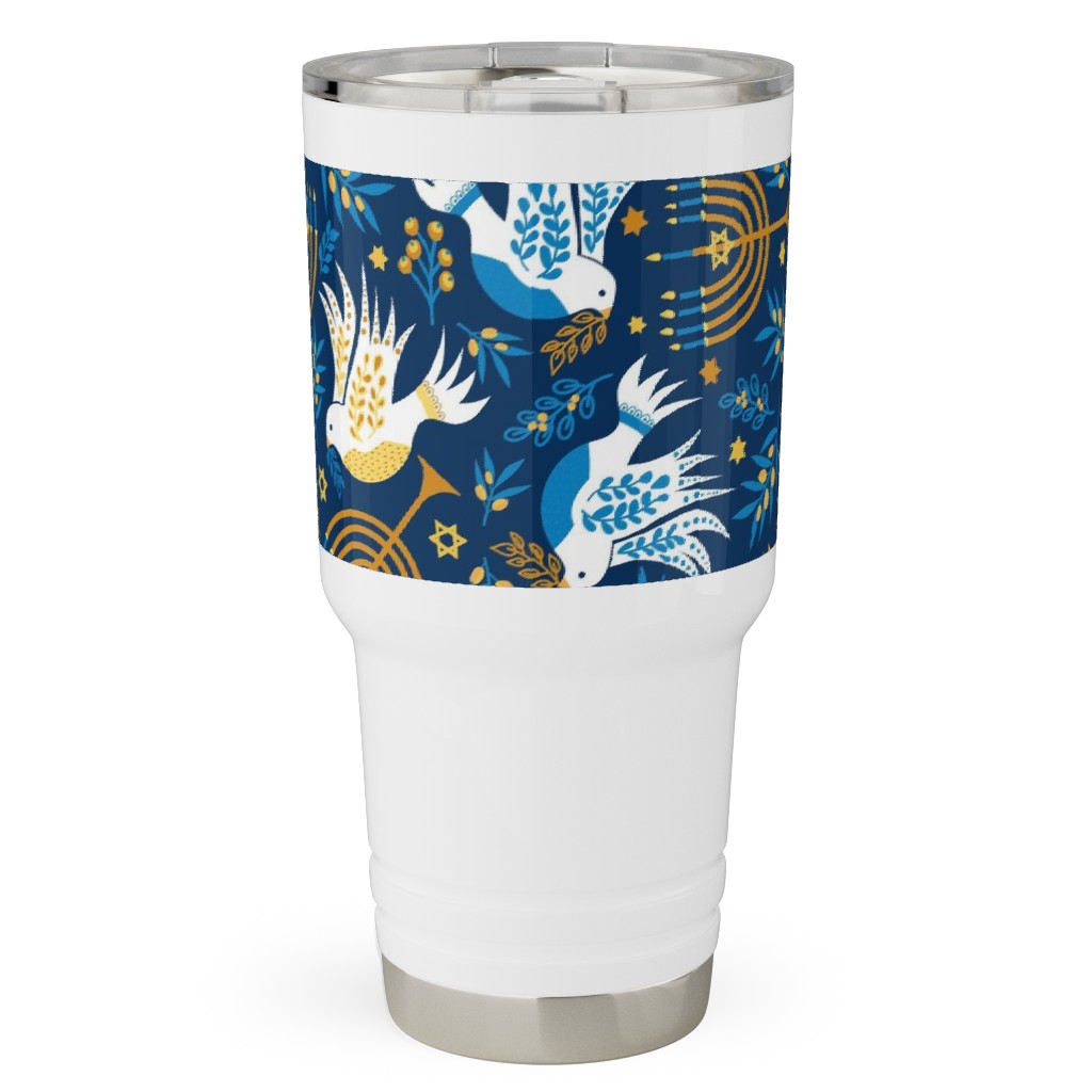 Hanukkah Birds and Menorahs - Dark Blue Travel Tumbler, 30oz, Blue