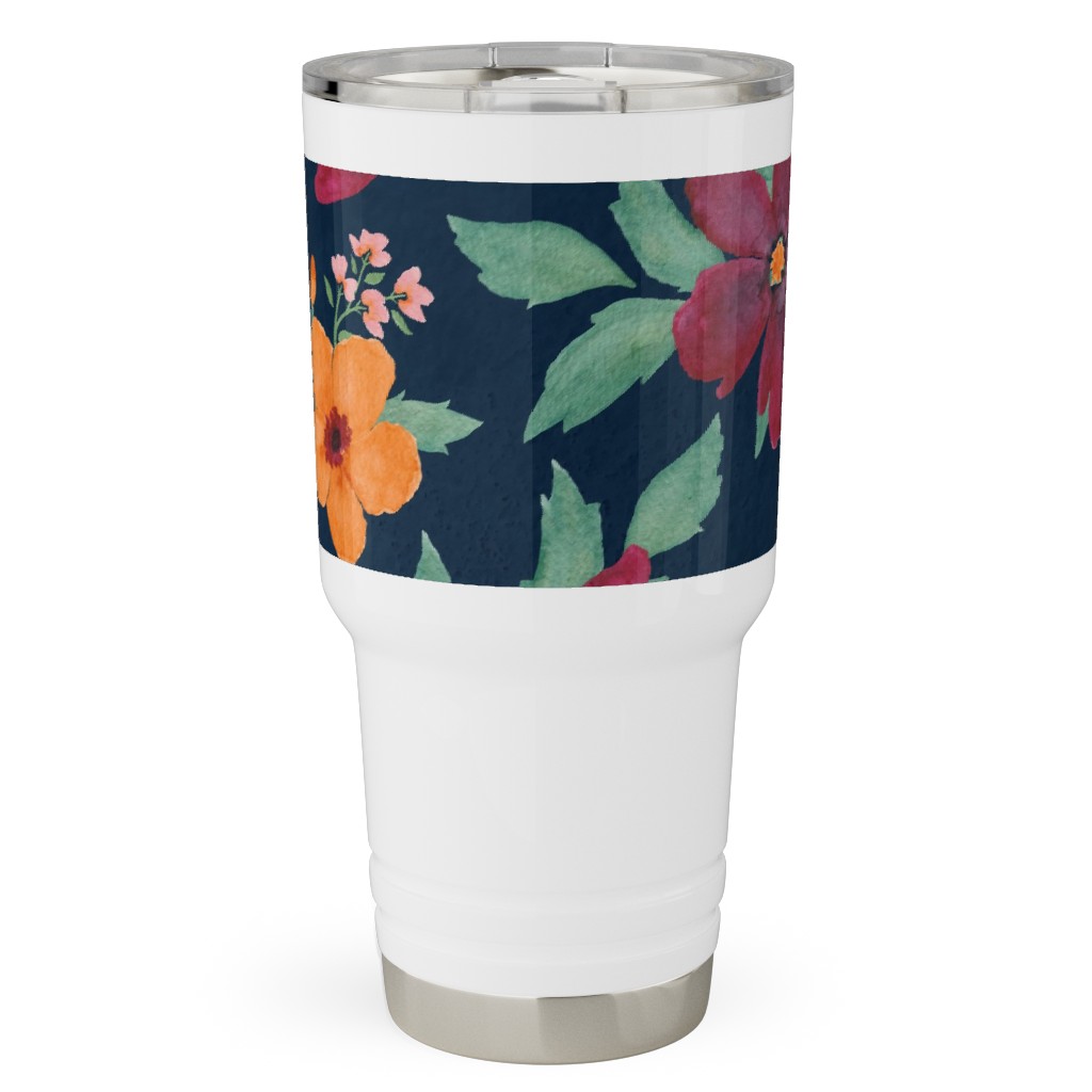 Watercolor Autumn Florals - Navy Travel Tumbler, 30oz, Multicolor