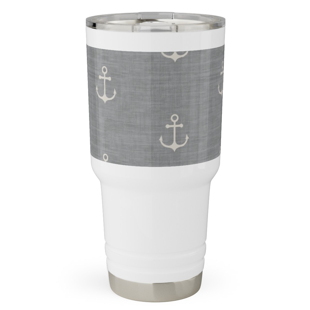 Anchor - Ivory on Light Grey Texture Travel Tumbler, 30oz, Gray