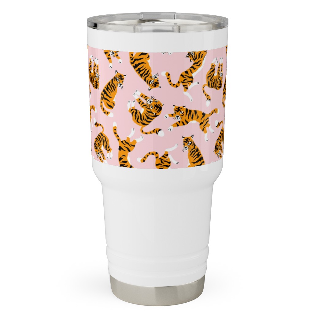Tigers on Pink Backround Travel Tumbler, 30oz, Pink, Bright Pink