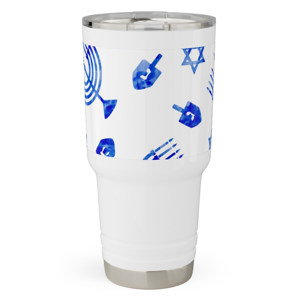 Watercolor Hanukkah Menorah, Dreidel, Star of David - Blue Travel Tumbler, 30oz, Blue, True Blue