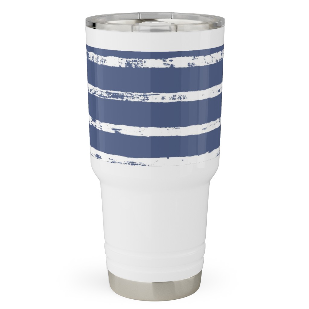 Distressed Dusty Blue and White Stripes Travel Tumbler, 30oz, Blue, True Blue