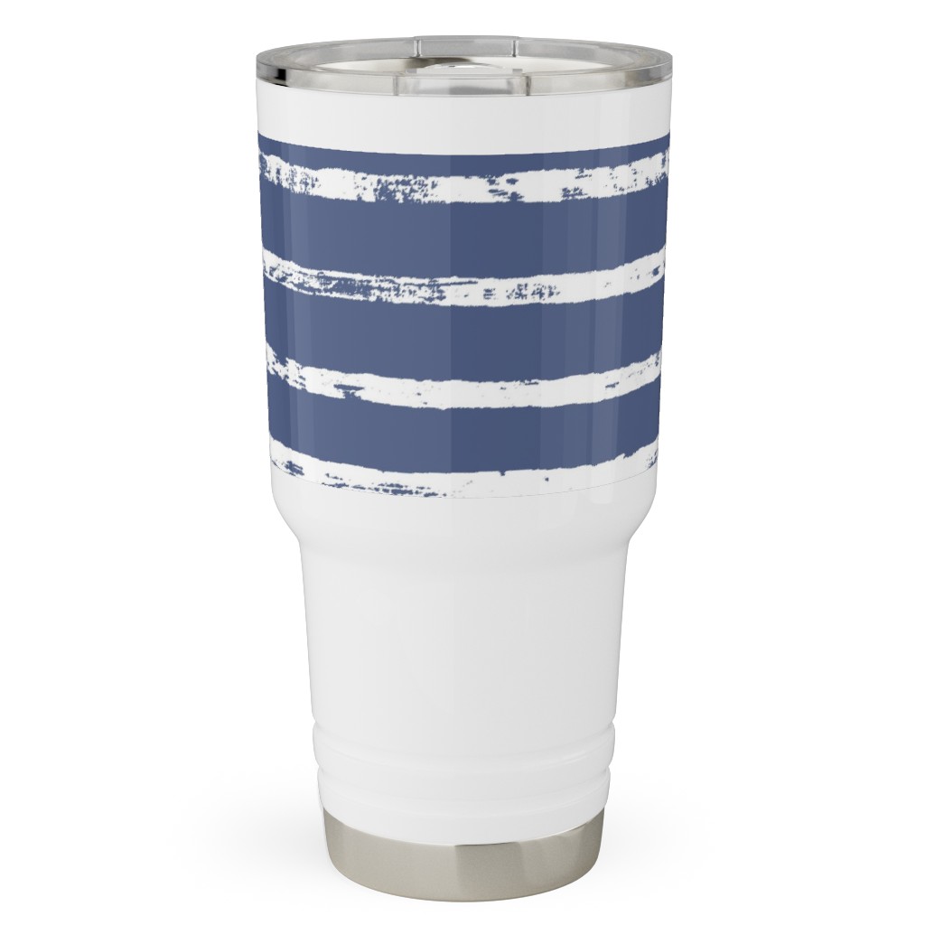 Distressed Dusty Blue and White Stripes Travel Tumbler, 30oz, Blue