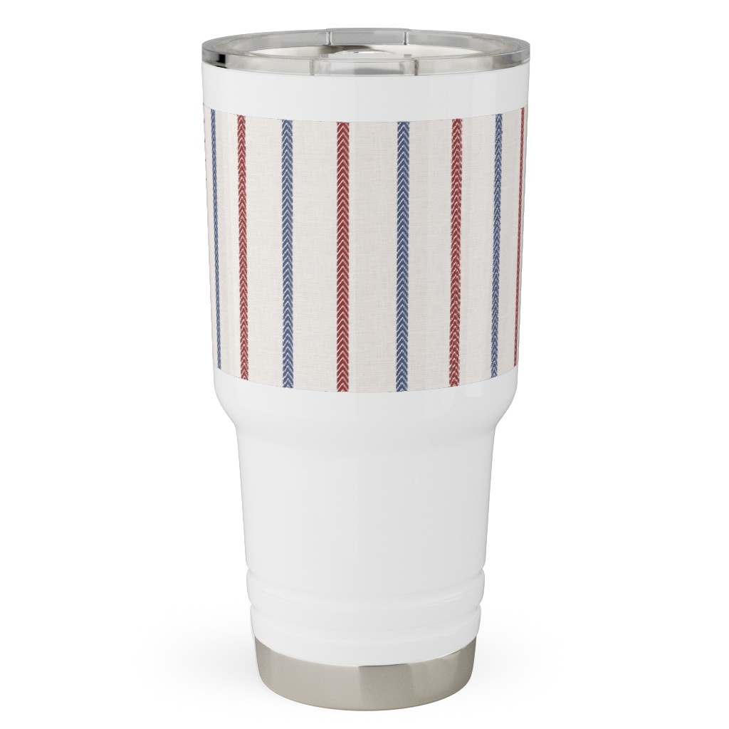 Baseball Ball Stitch Ticking Stripe on Soft Gray Travel Tumbler, 30oz, Beige