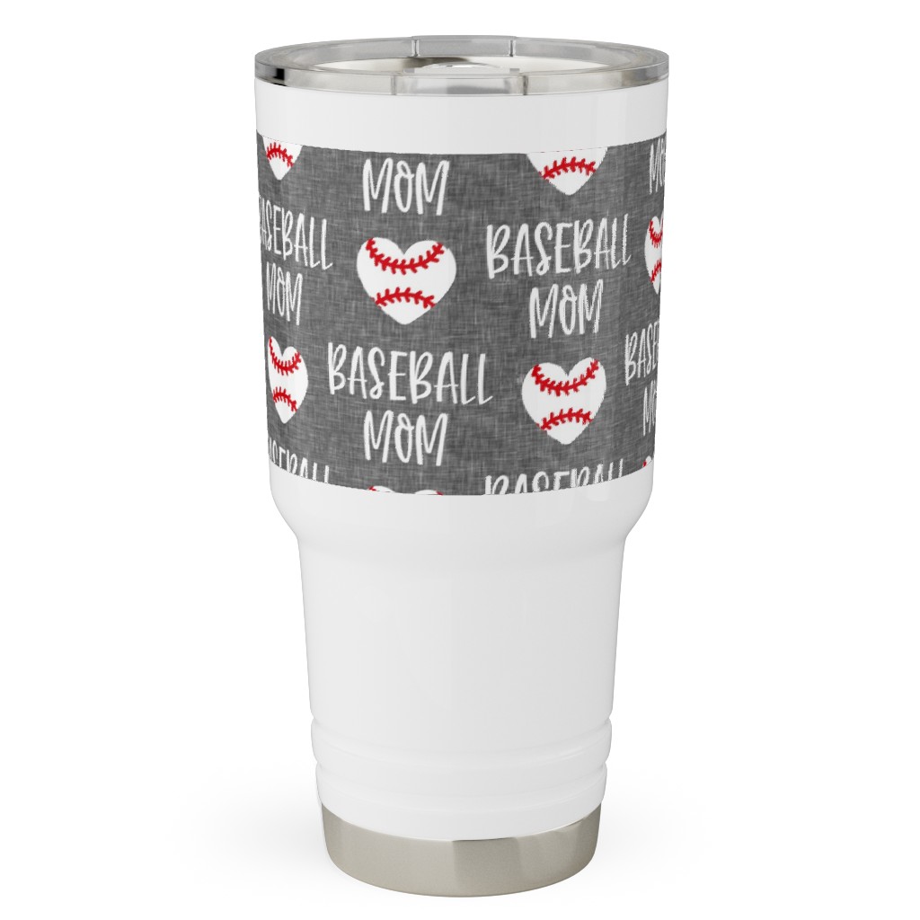 Baseball Mom - Baseball Heart - White on Grey Travel Tumbler, 30oz, Gray, Gray