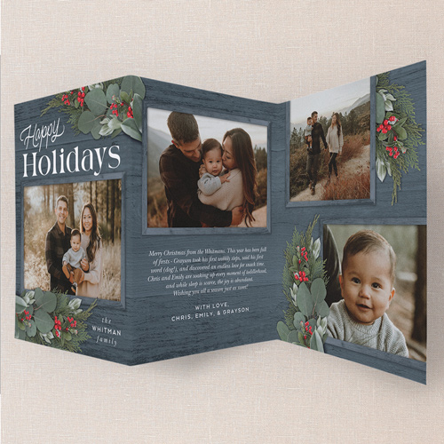 Woodside Wishes Holiday Card, Blue, Trifold, Holiday, Pearl Shimmer Cardstock, Blue
