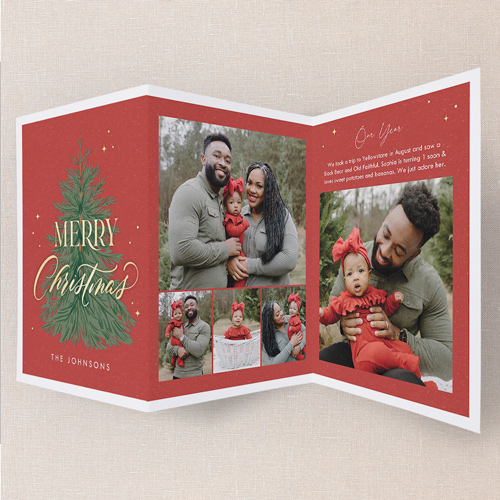 Golden Pine Greetings Holiday Card, Red, Trifold, Christmas, Pearl Shimmer Cardstock, Tomato