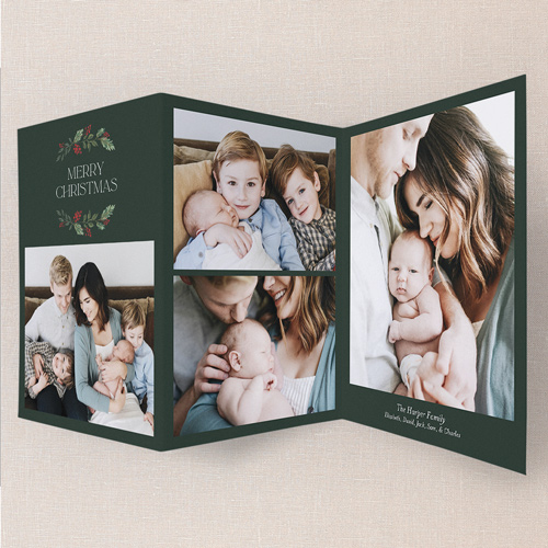 Holly Sprig Grid Holiday Card, Green, Trifold, Christmas, Matte, Folded Smooth Cardstock, Tree