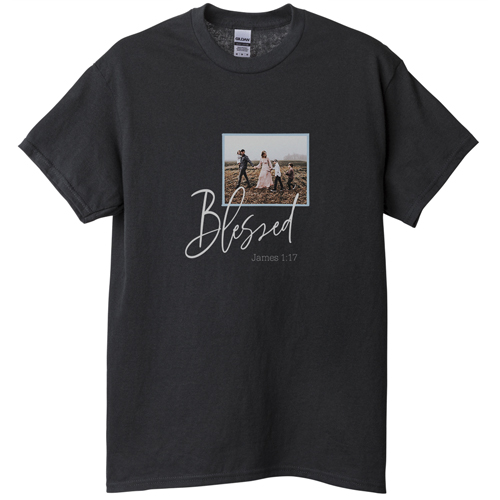 Blessed Script T-shirt, Adult (S), Black, Customizable front & back, Blue, azure